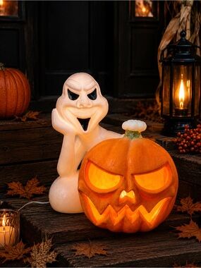 Vintage Halloween Blow Mold Ghost Pumpkin 14” Seasons by Zanders Plastic